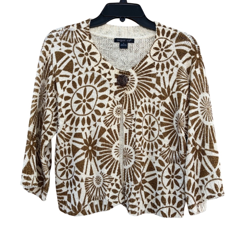 August Silk Brown Cream Geometric Floral Knit Single Button Cardigan Sweater S